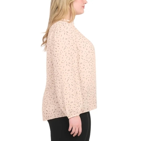 Women's Light Peach Cream Long Sleeve Blouse with Black Dots, Size L - Picture 4 of 7